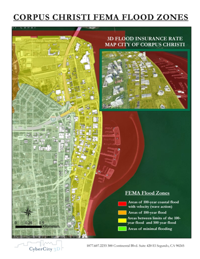 CyberCity 3D city model of Corpus Christi, TX with FEMA flood zone layers