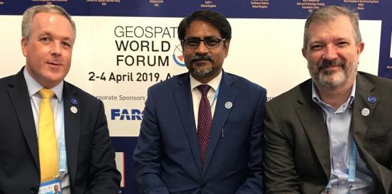 From left – right: Colin Bray, President of EuroGeographics, Sanjay Kumar, Chief Executive Officer of Geospatial Media & Communications and Mick Cory, Secretary General and Executive Director of EuroGeographics at the signing ceremony.