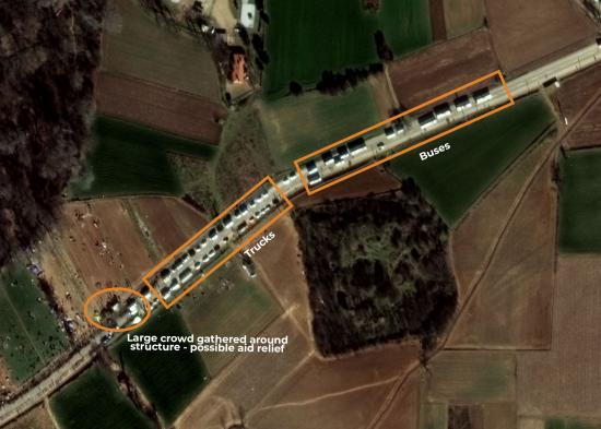 Satellite image at 30 cm resolution showing buses, trucks and potential aid relief zone at the Turkey / Greece Border. ðŸ“· 03/03/2020 by WorldView-3 © European Space Imaging 