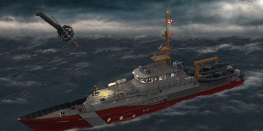 In this illustration, Canadian Coast Guard personnel launch a V-BAT UAV from the flight deck of a hero class vessel. The V-BAT has operational capabilities in adverse weather.